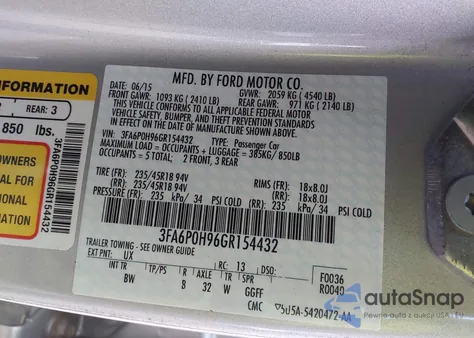 2016 Ford Fusion Se from USA, damaged, VIN 3FA6P0H96GR154432